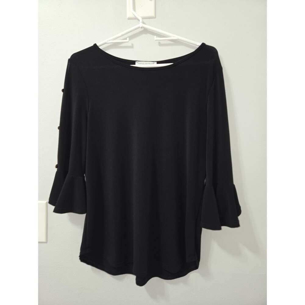 Green Envelope Black Elbow Length Sleeve Black Blouse with Keyhole Openings, M